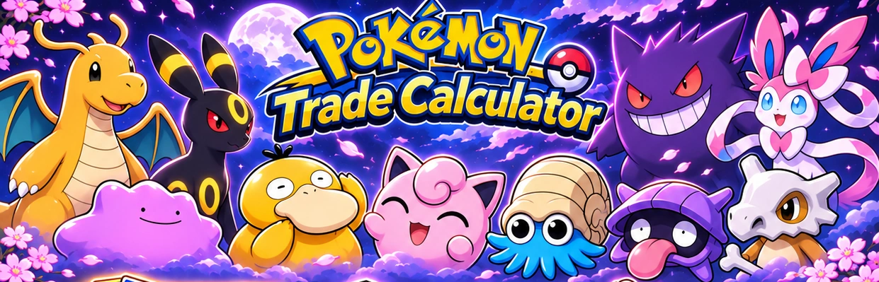 Pokémon Trade Calculator with Dragonite, Umbreon, Gengar, Sylveon, Ditto, Psyduck, Jigglypuff, Omanyte, Shellder, and Cubone
